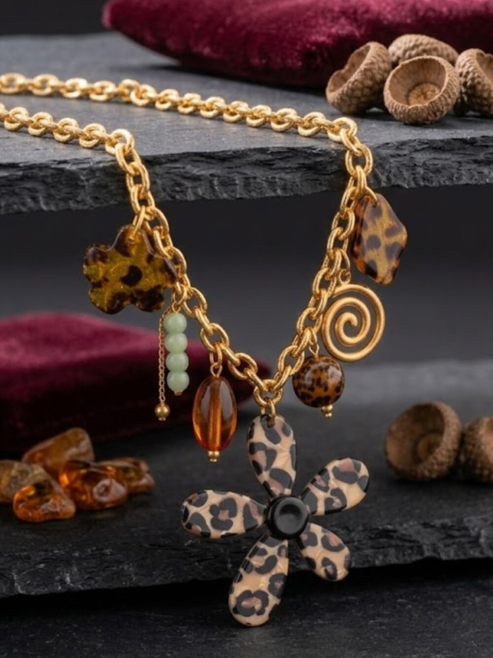 Leopard Print Flower Charm Necklace Mob Wife Maximalist 18K Gold Plated 19"